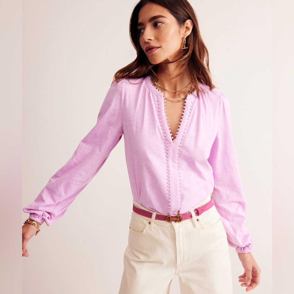 Boden Ali Long Sleeve 100% Cotton Pom Top - Pinky-Lilac - 6